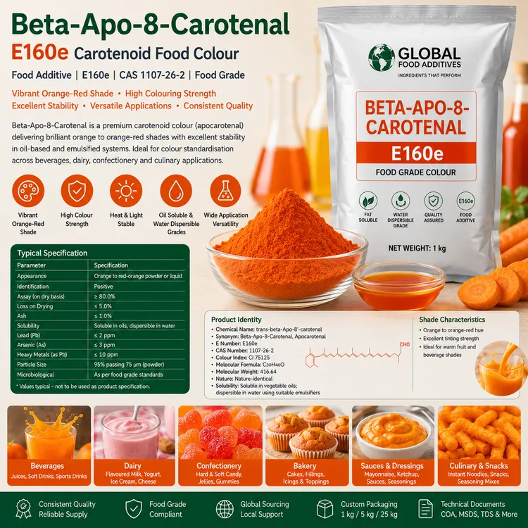 Food-grade Beta-Apo-8-Carotenal E160e carotenoid colour for industrial food and beverage applications