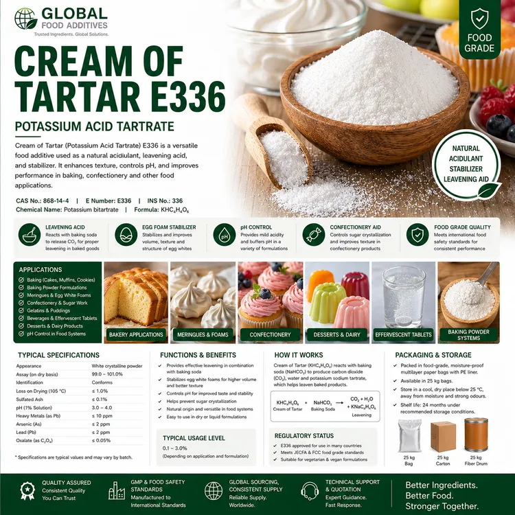 Cream of Tartar E336 potassium acid tartrate food-grade powder food additive ingredient illustration