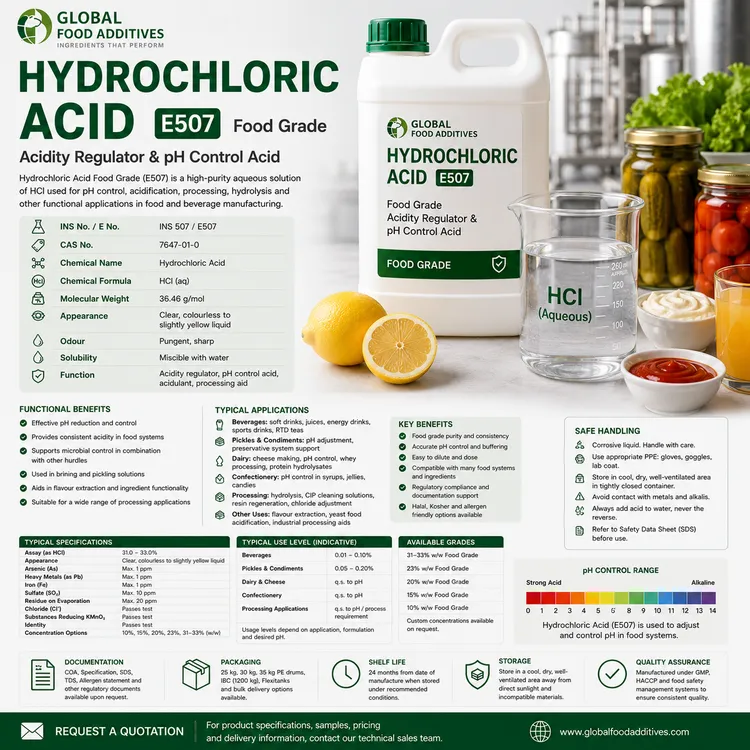 Hydrochloric Acid Food Grade E507 aqueous acid for industrial food pH control