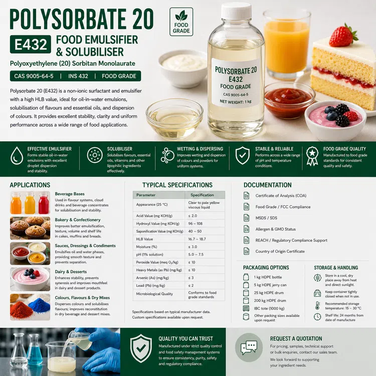 Polysorbate 20 E432 food-grade emulsifier and solubiliser food additive ingredient illustration