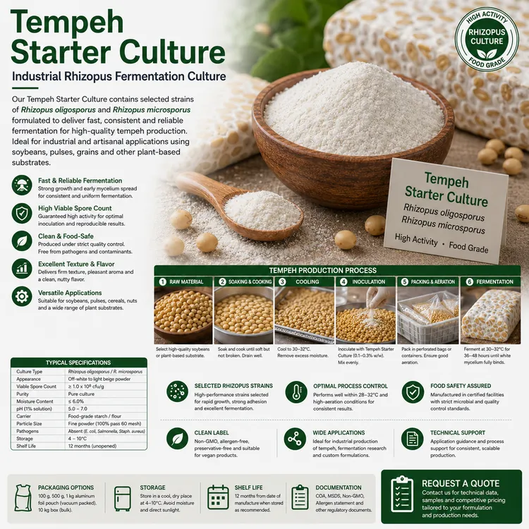 Tempeh Starter Culture containing food-grade Rhizopus spores for industrial fermentation