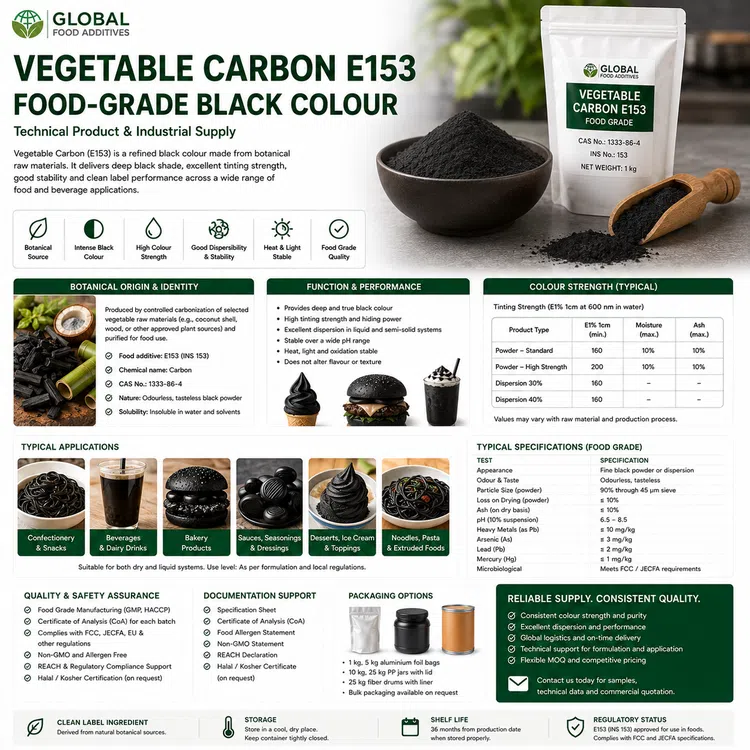 Vegetable Carbon E153 black food colour ingredient