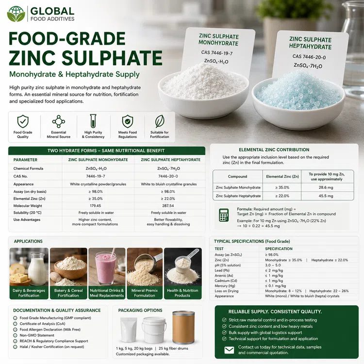 Food-grade Zinc Sulphate crystalline mineral ingredient